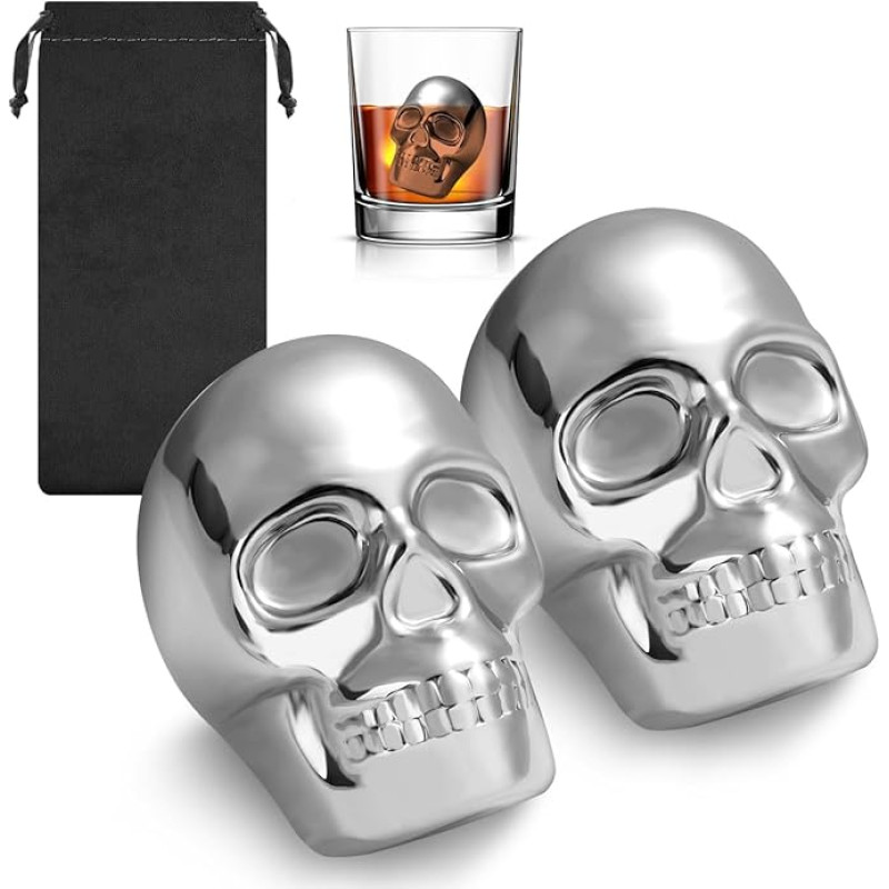 Schädel Kopf Edelstahl Eiswürfel, Whisky Steine Edelstahl, 2er-Set mit Geschenktüte, Schädel Kopf Kühlsteine, Whiskey Steine Wiederverwendbar, Bar Zubehör, für Whisky, Gin, Rum, Tequila, Cocktails