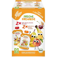 FRECHE FREUNDE Ekologiškas išspaudžiamas mišinys - vaisių ir grūdų mišinys, vaisių ir grūdų mišinys išspaudžiamuose maišeliuose kūdikiams nuo 6 mėn., veganiškas, 3 vnt., 3 x (4 x 100 g)