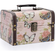 SUMNACON medinė ir PU odos saugojimo dėžutė, dekoratyvinė papuošalų dėžutė, daiktų dėžutė su rankena, daiktų dėžutė, lobių dėžutė, dovanų organizatorius, drugelio modelis