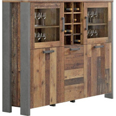 Forte Clif Highboard Display Cabinet with 3 Doors and 2 Glass Doors, Wood Composite, Vintage Wood / Concrete Look, Dark Grey, 151.3 x 125.4 x 41.5 cm