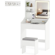 FANTASK tualetinis staliukas su apšvietimu, 80 x 39 x 142 cm, veidrodis ir taburetė, kosmetinis staliukas su integruota įkrovimo stotele ir 2 stalčiais, miegamojo, svetainės tualetinis staliukas