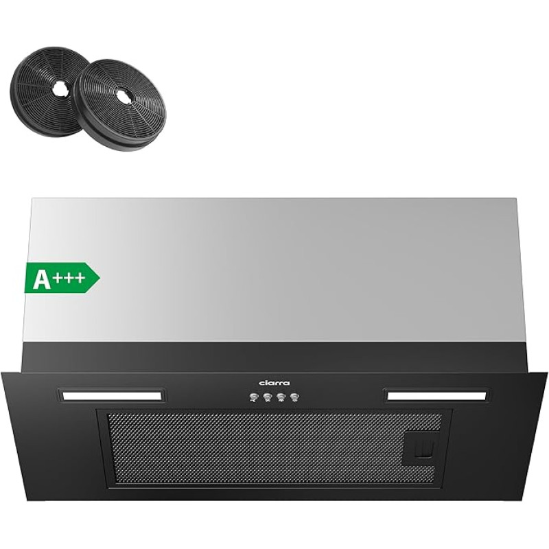 CIARRA CBCB6926A A+++ Įmontuojamas gartraukis 60 cm pločio ventiliatoriaus modulis 650 m³/h recirkuliacinis ištraukiamasis oras Integruotas gartraukis 3 galios lygiai su CBCF003 aktyvuotos anglies filtru Nerūdijantis plienas Juodas