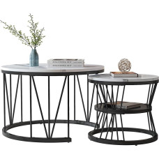 BFYDOAA Išplečiamas kavos staliukas, marmuro imitacija, apvalus kavos staliukas su metaliniu rėmu, šoninis staliukas, modernus sofos staliukas, lizdinis staliukas, 70 x 45 cm, 45 x 40 cm