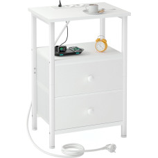 AMHANCIBLE Naktinis staliukas su įkrovimo funkcija, šoninis staliukas su medžiaginiais stalčiais, sofos staliukas su atvira lentyna, su 2 USB prievadais ir 2 lizdais, miegamojo naktinė spintelė, svetainė, balta HETS020WT-1