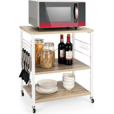 FANTASK virtuvės lentyna ant ratukų, 60 x 40 x 73 cm, 3 pakopų serviravimo vežimėlis su reguliuojama lentyna ir 10 nuimamų kabliukų, virtuvės vežimėlis virtuvei, valgomajam, barui ir restoranui (natūralus)