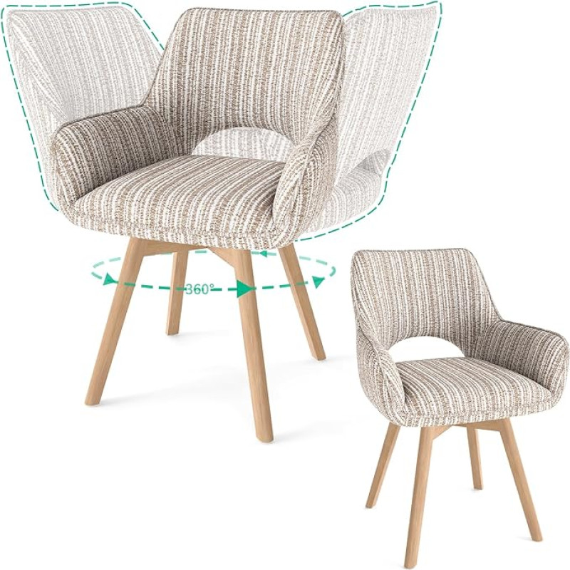 2 pasukamų valgomojo kėdžių su porankiais ir medinėmis kojelėmis rinkinys, 360° pasukimas, modernios minkštos kėdės su audinio atlošu virtuvėje, svetainėje, miegamajame, šviesiai rudos spalvos