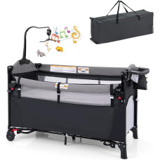 DREAMADE 5-in-1 kūdikio kelioninė lovytė, 120 x 60 cm, šoninė lova su čiužiniu ir pervystymo staliuku, muzikine dėžute ir žaislu, reguliuojamo aukščio kūdikio lovelė kūdikiui nuo gimimo (tamsiai pilka)