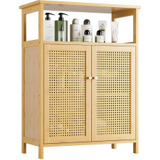 Vonios kambario grindų stovo spintelė, bambuko laikymo stalas su 2 rotango durimis ir 1 lentyna, mediniai šoniniai vartai prieškambariui, skalbyklai, virtuvei, svetainei (natūralūs)