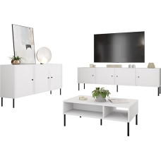 Mirjan24 Pyrunt Bis II Living Room Set, Living Room Cabinet, Wall Panel, Black Metal Feet, in Set: TV Lowboard, Chest of Drawers, Coffee Table (White)