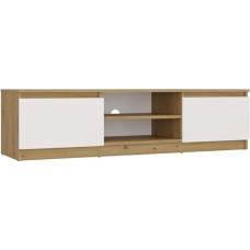 CDF televizoriaus spintelė su žemomis lentynomis 140 cm, moderni, su atviru prietaisų skyriumi, kabelių vedimo sistema, dviem šoninėmis spintelėmis, be rankenų, su tvirta 16 mm konstrukcija, skirta televizoriui svetainėje - ąžuolas 