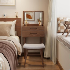 Solid Wood Dressing Table with LED Lighting (Adjustable Brightness), Dressing Table with Mirror, Cosmetic Table with Glass Top and 2 Drawers, Small for Bedroom, Walnut