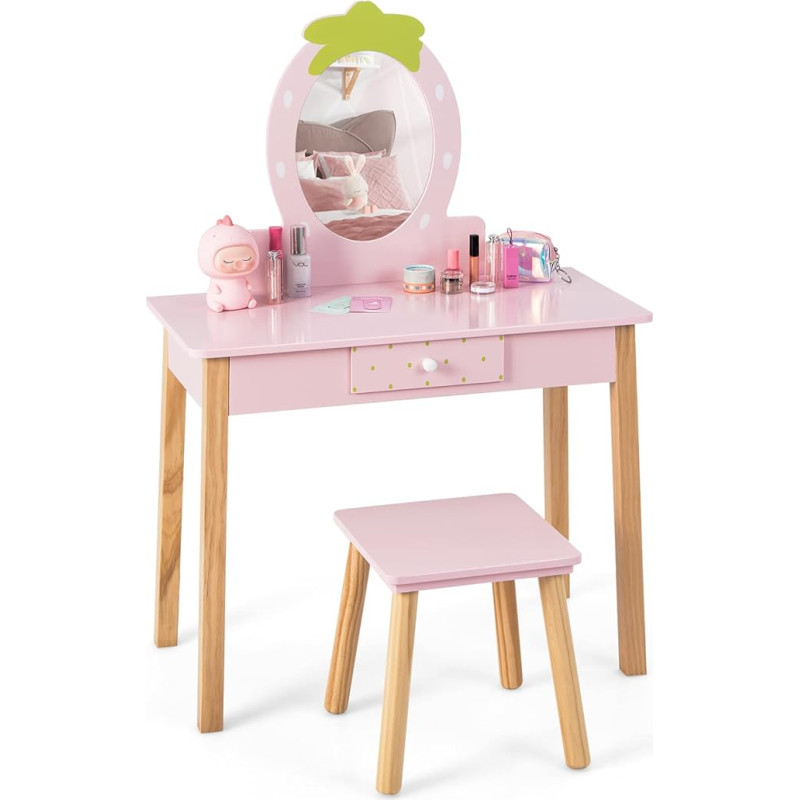 COSTWAY 2 in 1 vaikų tualetinio staliuko rinkinys, medinis tualetinis staliukas su taburete, braškių formos veidrodžiu, šukomis ir stalčiumi, kosmetinis staliukas 3-7 metų vaikams, rožinis