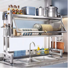 Over the Sink Dish Dryer, Stainless Steel Dish Dryer for Kitchen with Cover, Dish Drying Rack for Kitchen Countertop Storage, 2-Tier Dish Baskets with Large Kapa