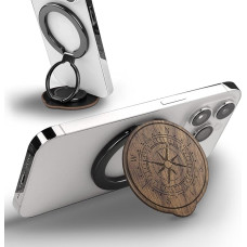 Carveit Magnetic Mobile Phone Ring Wooden Design Holder, 360° Rotating Mobile Phone Grip for MagSafe, Adjustable Finger Holder Compatible iPhone 15 Plus/14 Pro Max/13mini, Walnut Vintage Compass