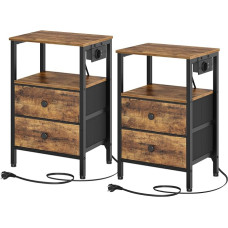 Bedside Table Set of 2 with Charging Function, Bedside Cabinet with 2 Drawers, Side Table with USB Ports and Shelves for Living Room, Bedroom, Vintage Brown and Black XET02L2CBR