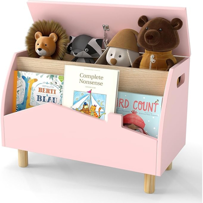 DREAMADE Vaikų lentyna su atvira lentyna ir dėže, žaislų organizatorius su medinėmis kojomis, žaislų dėžė su dangčiu knygoms ir žaislams, skirta vaikų kambariui ir darželiui 60 x 30 x 44 cm (rožinė)