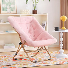 Saucer Chair, Comfortable Faux Fur Chair, Folding Soft Furry Lounge Lazy Chair, Metal Frame, Moon Chair, Accent Chair for Bedrooms, Dormitories, Dorms, Pink