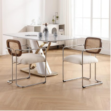 Valgomojo kėdės, 2 komplektai, retro virtuvės kėdės su rotango atlošu, minkštos valgomojo kėdės su metaliniu rėmu, pagamintos iš dirbtinio kailio, skirtos valgomajam, svetainei, virtuvei, miegamajam, svetainei, baltos spalvos