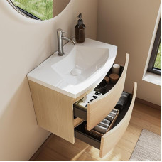 60 cm Bathroom Cabinet with Mineral Cast Wash Basin, 2 Soft-Close Drawers, Space-Saving, Ideal for Guest Toilet, Golden Sand