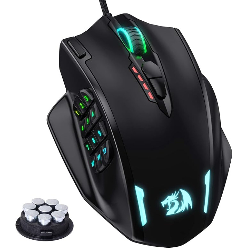 Redragon M908 Impact RGB LED MMO Maus mit Seitentasten, optinė kabelinė žaidimų pelė su 12.400DPI, dideliu tikslumu, 20 programavimo galimybių