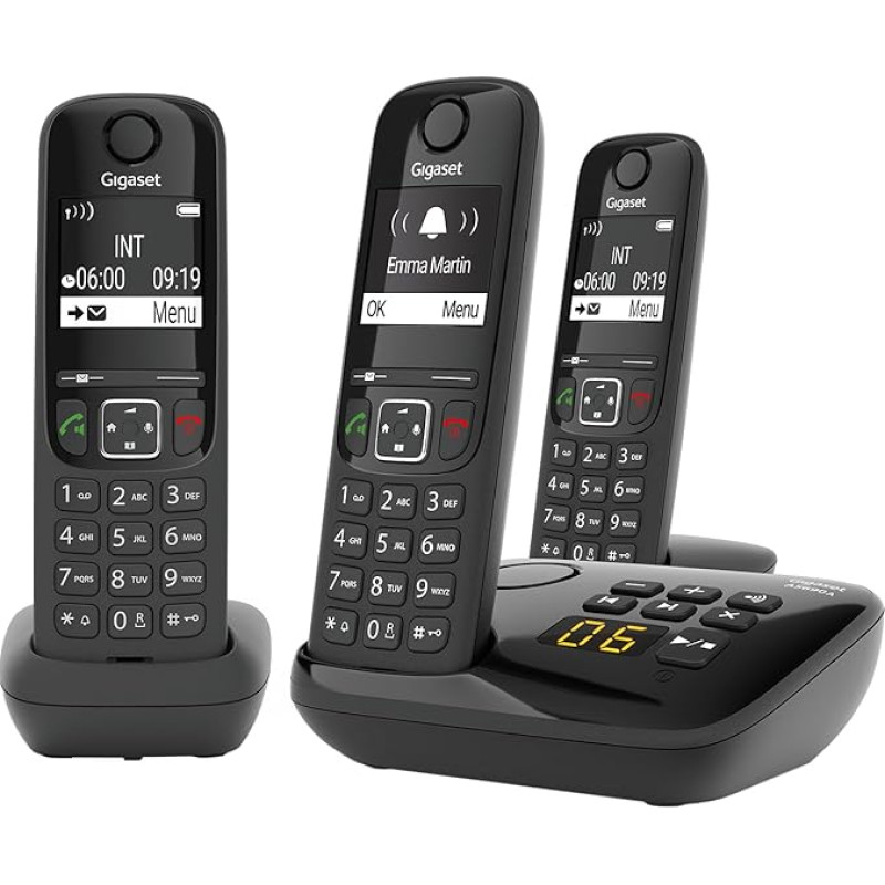 Gigaset AS690A Trio - cordless phone with 3 handsets - DECT phone with hands-free function, large display, large buttons - landline phone, black