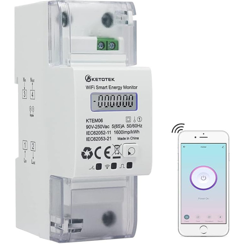 KETOTEK Smart Electricity Meter DIN Rail WLAN 1 fazės srovės matuoklis AC 5(65) A 90-250V Skaitmeninis LCD nuotolinio valdymo DIN bėgių kintamosios srovės matuoklis Smart Life/Tuya App