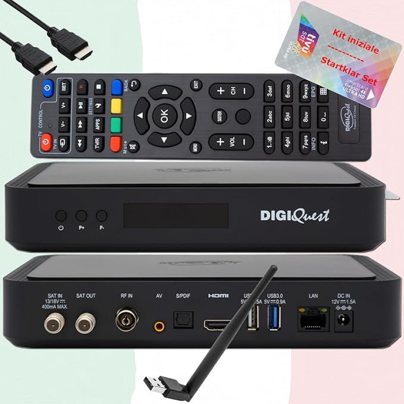 TiVuSat Card 4K UHD + DIGIQuest Q80 Satellite Receiver 4K H.265 S2+T2 HEVC Set-Top Box, Certified TiVuSat Receiver with Card (Activated), Media Player, WebRadio, 150 WiFi USB Stick, HTS HDMI Cable