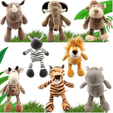 Haconba 8 Pieces 10 Inch Jungle Animal Plush Toys Plush Toy Lion Elephant Zebra Giraffe Tiger Monkey Rhino Hippo Safari Stuffed Toys Set for Jungle Zoo Theme Party (Dungle Animal Style 1)