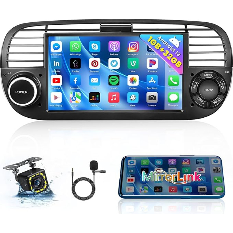 Hikity Android 13 Car Radio for Fiat 500 (2007-2015) with Sat Nav 7 Inch Car Radio Bluetooth with Screen WiFi SWC USB FM RDS Radio Mirror Link Car Radio Touch Display 2 DIN with Rear Camera +