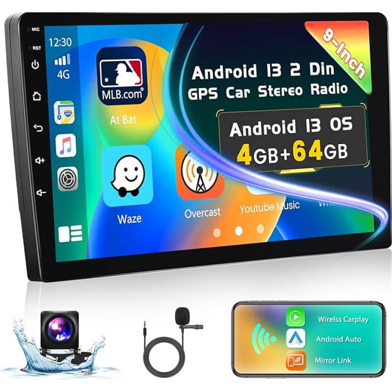 Inefala 2024 Upgrade 4G + 64G 9 Inch Touchscreen Radio Car 2 DIN Android 13 with Wireless CarPlay, Android Car Radio 2 DIN Android with GPS, WiFi, RDS, DSP, USB, SWC, Microphone, Reversing Camera