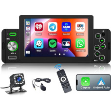 Hikity 1 DIN Car Radio with 5 Inch Screen CarPlay Android Car Mirror Link Touchscreen Radio Bluetooth with FM Radio USB SWC Remote Control Reversing Camera