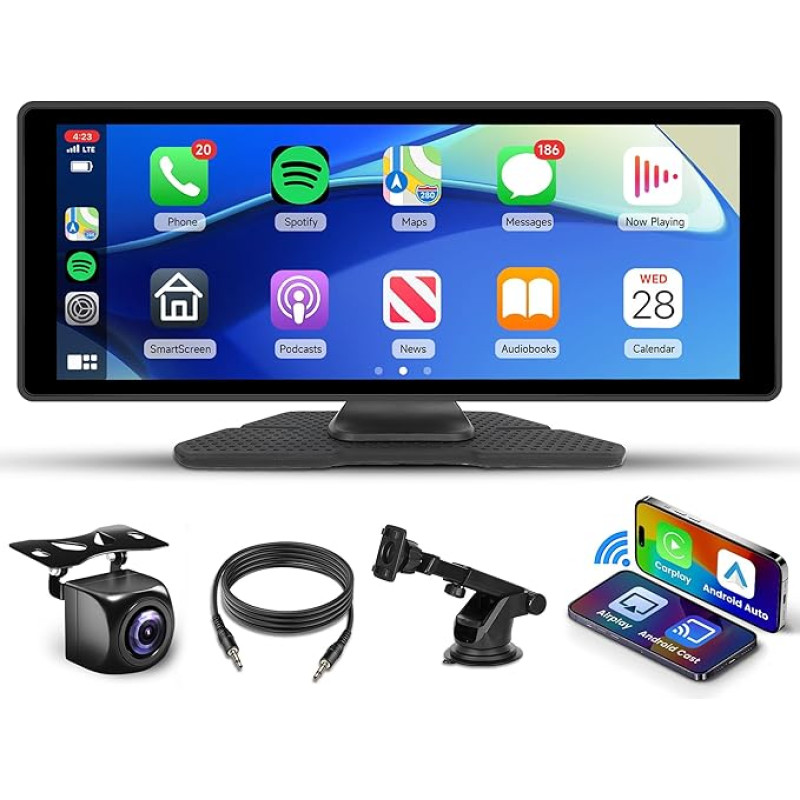 Rimoody 26,1 cm (10,3 Zoll) Wireless CarPlay Android Auto Bildschirm Tragbares Auto Stereo Touchscreen Tragbarer CarPlay Bildschirm mit Siri Bluetooth FM Übertragung Sprachsteuerung CarPlay Bildschirm