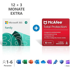 Microsoft 365 Family 12+3 months subscription | 6 users | Multiple PCs/Macs, Tablets/mobile devices | Download Code + McAfee Total Protection 2022 | 6 devices |12 months subscription | Download Code