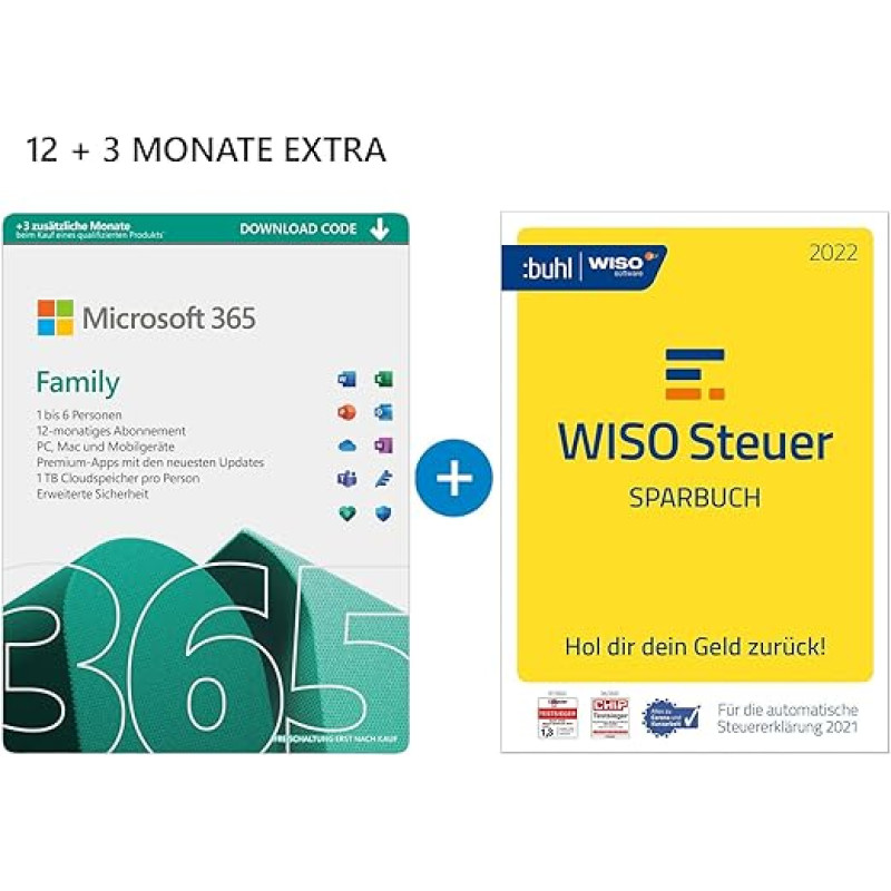 Microsoft 365 Family 12 + 3 Months Subscription (Including Microsoft Defender) │ 6 Users │ Multiple PCs/Macs, Tablets/Mobile Devices | Download Code + WISO Tax Savings Book 2022 (for Tax Year 2021)