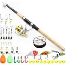 Angelrolle, 2,1 Meter - kurzer Holzgriff Meeresrute Angelausrüstung Weitwurfrute Angelschnur Radgruppe