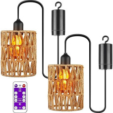 LED Pendant Lights Set of 2 Rattan Boho Battery Operated with Remote Control Rattan Lights Boho Style for Patio Garden Gazebo Living Room Bedroom