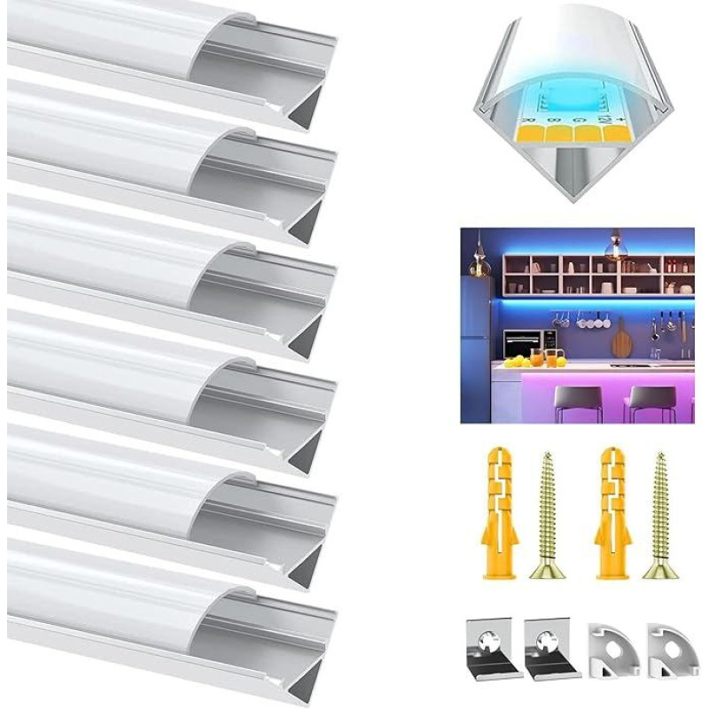 V formos LED profilis, 6 pakuotės 3,3 pėdos/1 m LED aliuminio profilis (be LED juostelės)
