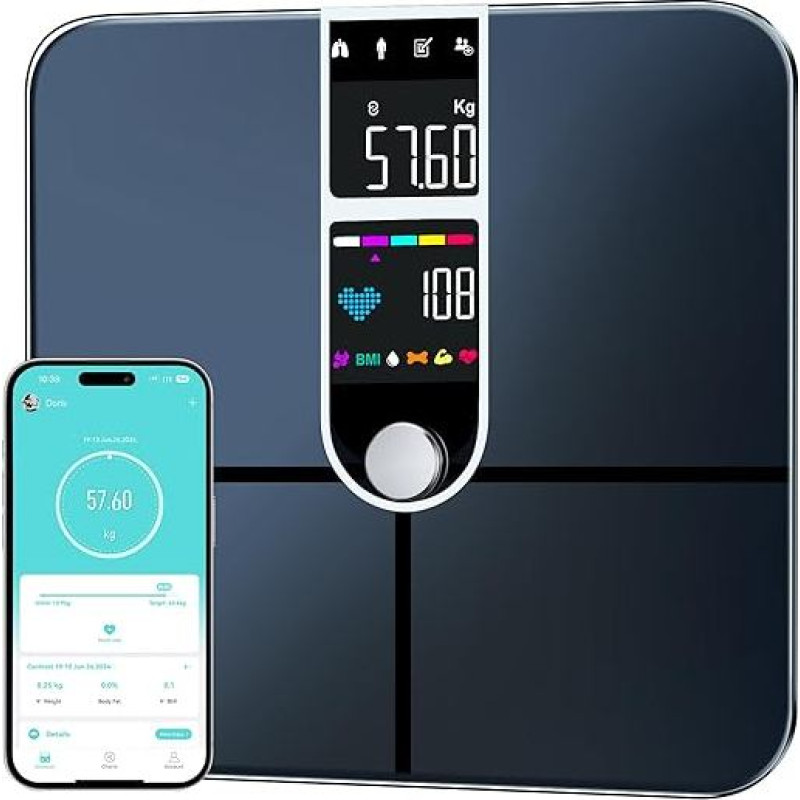 Kūno riebalų svarstyklės su dideliu ekranu, itin tikslios kūno riebalų ir raumenų masės svarstyklės, asmeninės svarstyklės su kūno riebalų analize, svarstyklės žmonėms su 22 rodmenimis, širdies ritmas, KMI, kūno analizės svarstyklės