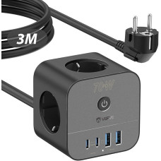 70W USB-C įkroviklis, 7-in-1 kištukinis lizdas su jungikliu, daugkartinis 3 m lizdas su greituoju USB įkrovimu, suderinamas su 