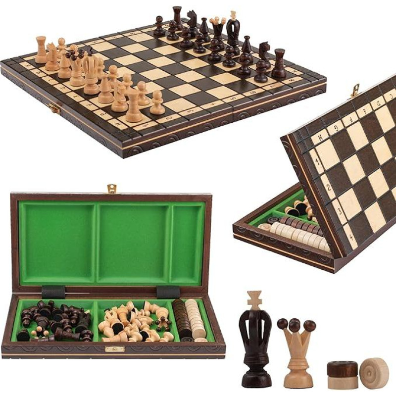 KINGDOM 35 cm medinis šachmatų ir šaškių žaidimas, klasikinis žaidimas