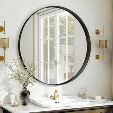 Koonmi Luxury Mirror Round 76 cm, Black Deep Frame Round Bathroom Mirror, Wall Mirror Round with Black Brushed Metal Frame for Bathroom, Living Room, Entrance Wall Decoration