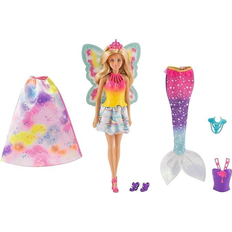 Barbie Dreamtopia FJD08 3-in-1 fantazijos lėlė, fėjų undinių ir princesių lėlių dovanų rinkinys su priedais, mergaičių žaislas nuo 3 metų, vienguba, 0