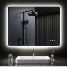 Vonios veidrodis su apšvietimu, 80 x 60 cm, LED vonios veidrodis su apsauga nuo rūko, 3 šviesos spalvos, reguliuojamas apšvietimas, stačiakampis vonios veidrodis su jutikliniu jungikliu, atminties funkcija, horizontalus / vertikalus montavimas
