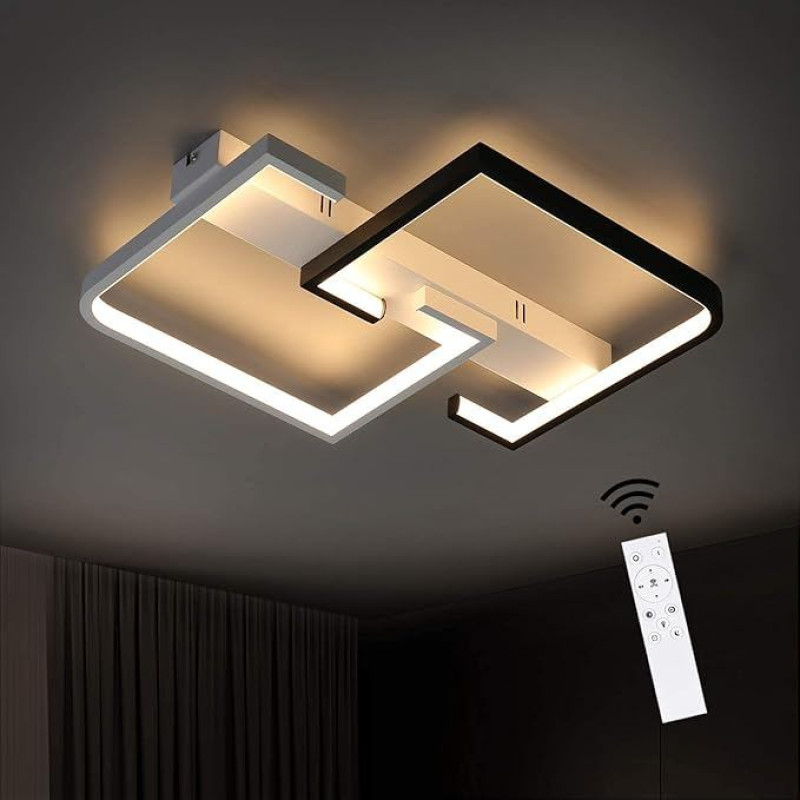 35 W, juodai baltos spalvos, reguliuojamo ryškumo, modernus svetainės kambario šviestuvas, pagamintas iš aliuminio, skirtas miegamajam, virtuvei, svetainei, kabinetui, prieškambariui, balkonui, su nuotolinio valdymo pulteliu, keičia spalvą