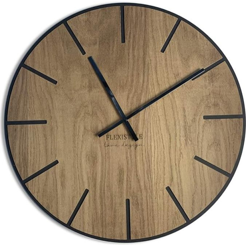 FLEXISTYLE EKO Didelis sieninis laikrodis be tiksėjimo garsų Wood Art Black 60 cm, svetainė, miegamasis, pagaminta ES, z216-1d-1-x 60 cm