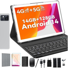ZONKO Tablet Android 14 Tablets 10 Inch 4G LTE Tablet with SIM Slots, 5G WiFi Tablet PC with Keyboard Mouse Pen | 14GB + 128GB (1TB TF) | 13MP + 8MP | 8000 mAh | 8-Core | Bluetooth 5.0 | 1080FHD | GPS | GMS Silver