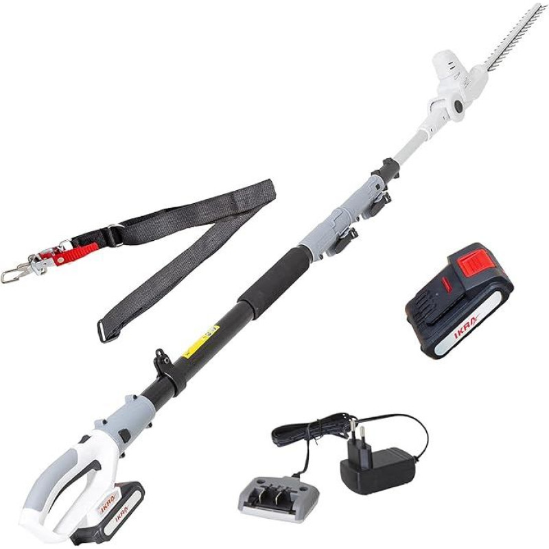 IKRA ICPH 2040 Akumuliatorinės teleskopinės gyvatvorių žirklės su 20 V akumuliatoriumi, įkrovimo stotele ir peties diržu