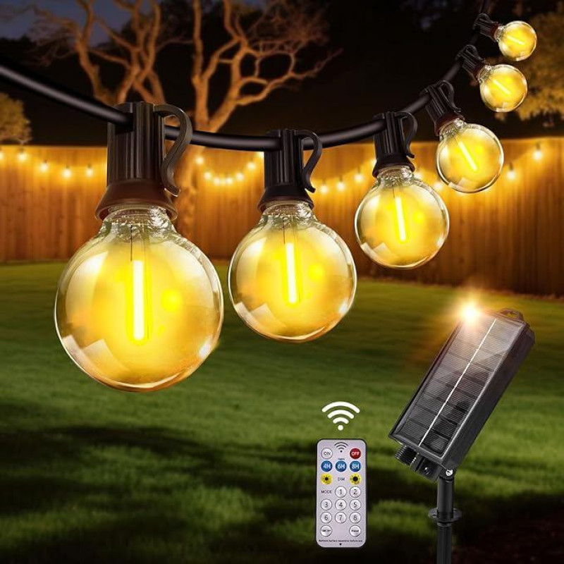 Saulės Festoon žibintai Lauko nuotolinio valdymo 50 pėdų saulės šviesos žibintai lauko sodas su 25 + 2 LED G40 nedūžtančiomis lemputėmis 8 režimai Vandeniui atsparūs žibintai