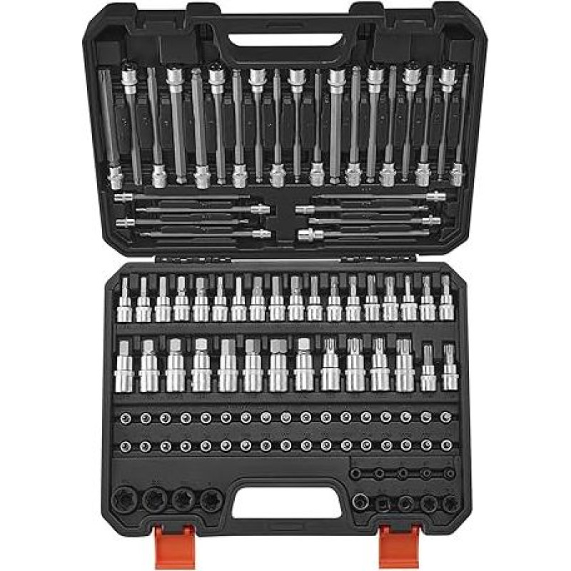 VEVOR 107 vnt. šešiakampių/torksų/išorinių torksų/išorinių torksų/išskirtinai ilgų, S2 legiruotojo plieno ir Cr-V plieno, 1/4, 3/8 ir 1/2 colio pavarų, su dėklu