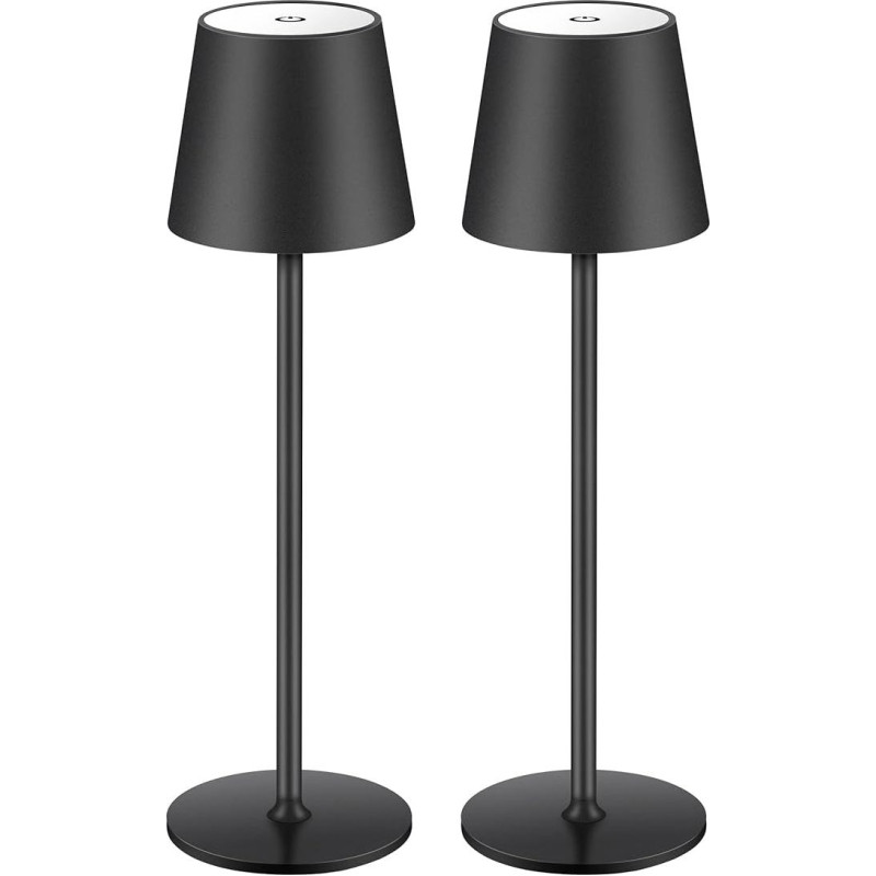 2 LED akumuliatorinių stalinių lempų pakuotė, belaidė, įkraunama, šiltos šviesos spalvos, 3000 K, skirta naudoti patalpose ir lauke, su USB-C, aliuminė, IP54 atspari vandeniui, juoda [A energinė klasė] (juoda)